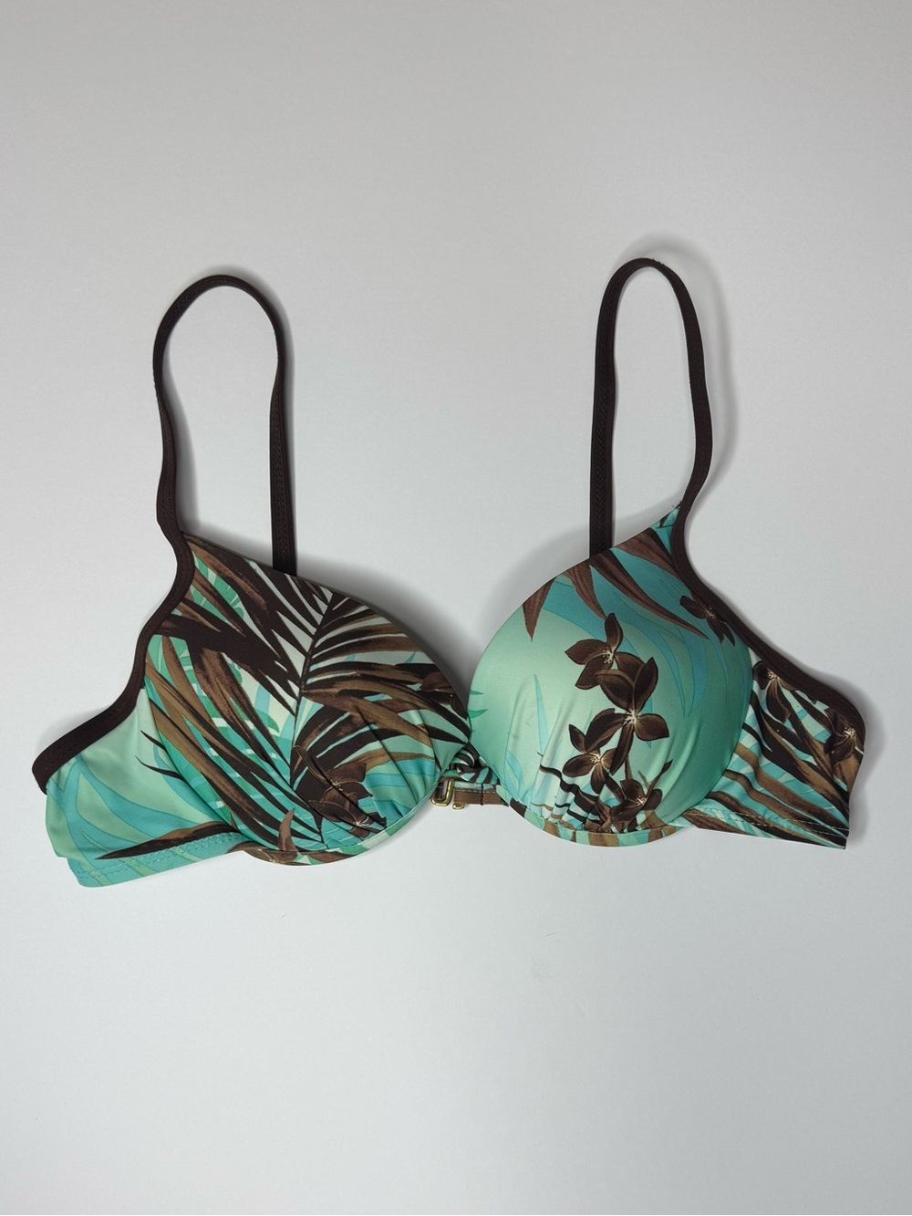 Athena Tropical Bikini Top Size 8 Aqua Brown Floral Underwire Swim Top